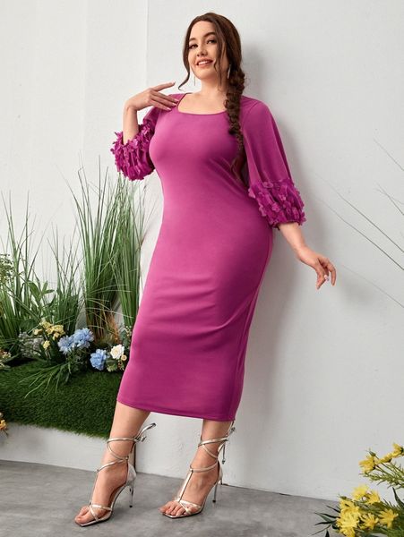 

plus scoop neck floral lace appliques dress d5nw#, Black