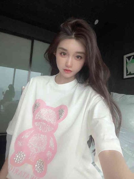 

women's t-shirt designer chaopai 22ss early spring new temperament pink bear stick diamond print lazy style pullover short sleeve t-shi, White