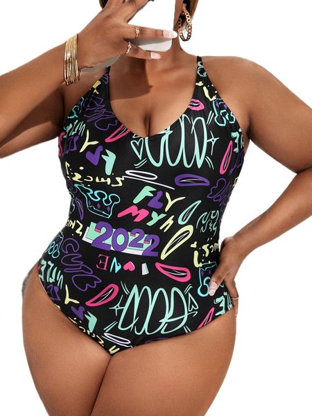 

plus letter graphic crisscross back one piece swimsuit 85ky#, White;black
