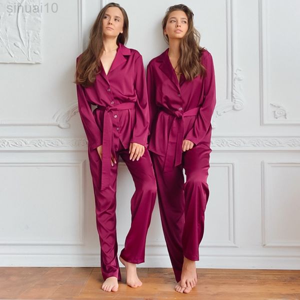 Pijamas de cetim hiloc para mulheres seda pura cor pura de mangas compridas conjunto de duas peças com afiamentos de roupas rosa vermelho conjunto 2021 Spring L220803