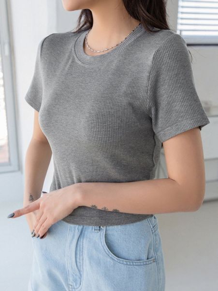 

dazy round neck ribbed knit tee 74pm#, White