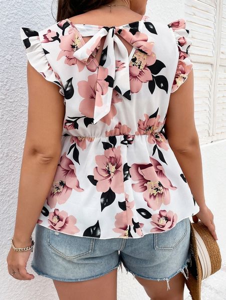 

plus floral print butterfly sleeve tie back peplum blouse w900#, Black