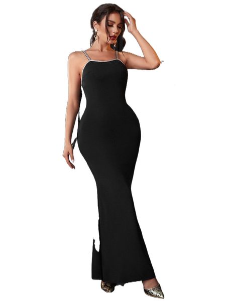 

contrast trim slit back mermaid hem prom dress e3tu#, Black;gray