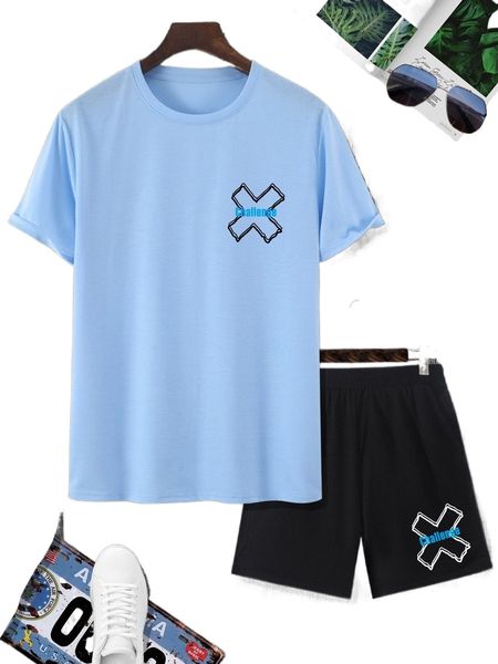 

men letter graphic tee & shorts l4tj#, Gray