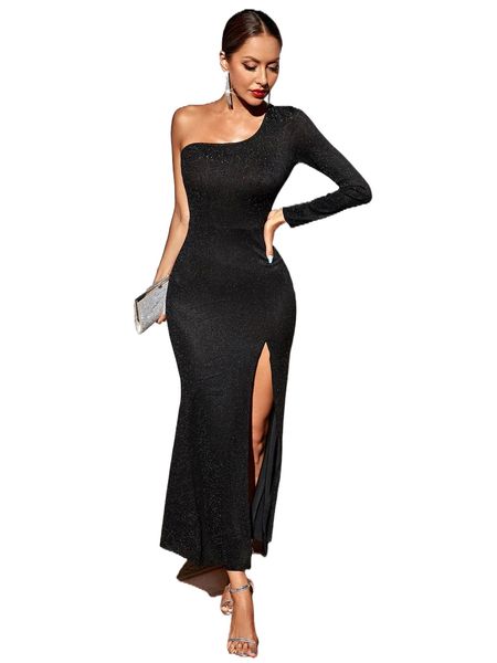

one shoulder side split dress t04x#, Black;gray