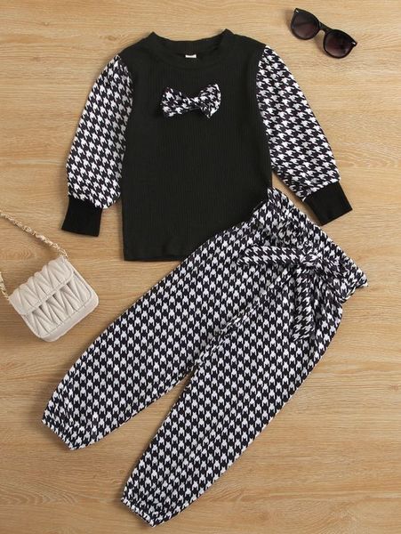 

toddler girls houndstooth bow pullover & paperbag waist belted pants she, White