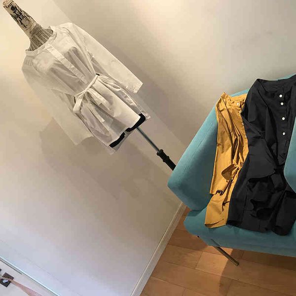 

women's polos spring and summer french japanese kudo round neck front back button shirt long belt skirt, White