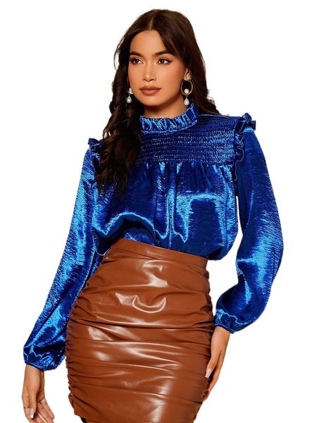 

shirred frill mock neck ruffle trim x5uz#, White