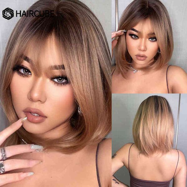

haircube short synthetic wigs with bangs ombre brown blonde bob hair for women cosplay lolita heat resistant natural 220516, Black