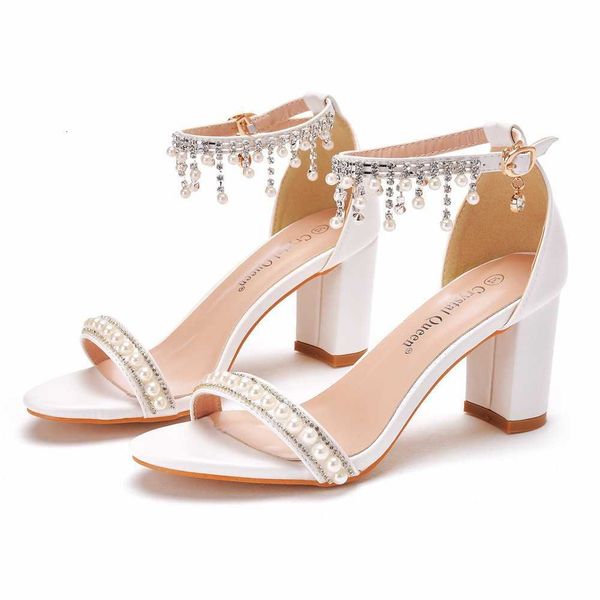 

7cm thick heel shallow mouth one line sandals round head beaded tassel high-heeled white pearl bride wedding shoes, Black