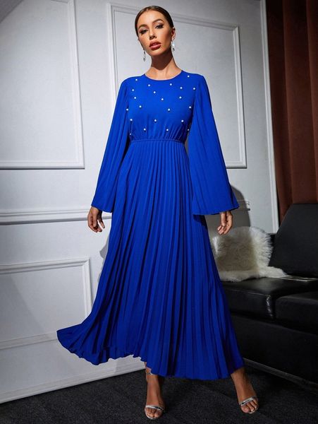 

pearls beaded pleated trumpet sleeve dress 66t0#, Black;gray