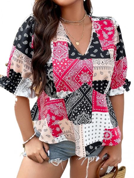 

plus paisley and patchwork print flounce sleeve peplum blouse y74g#, Black