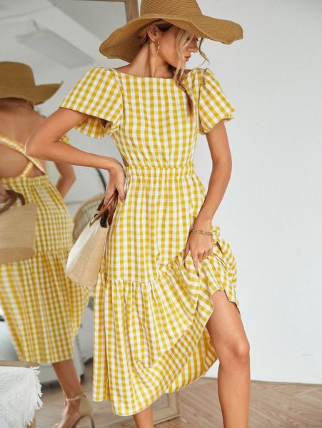 

gingham crisscross backless ruffle hem dress 53y3#, Black;gray