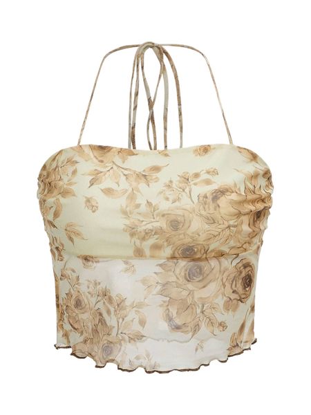 

floral print lettuce trim tie backless halter z5kn#, White