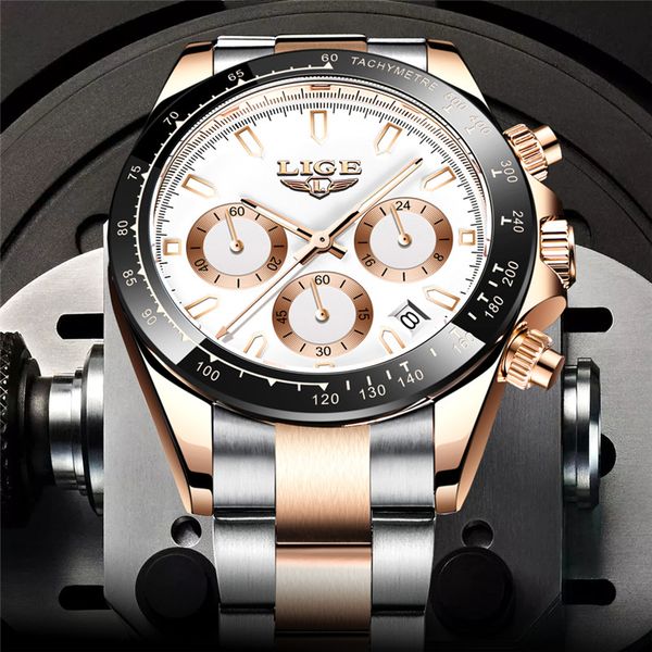 

2021 new lige sports men watches brand luxury 316l stainless steel quartz watch men fashion waterproof chronograph relogio, Silver