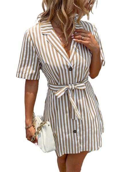 

striped single breasted belted blazer dress e2oy#, White