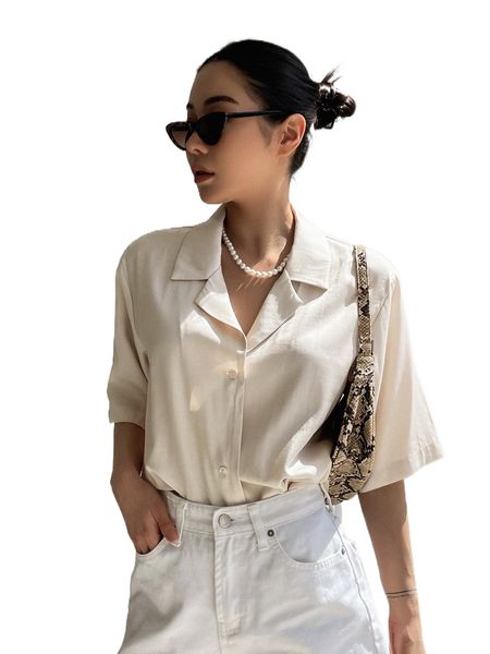 

dazy lapel neck button front solid blouse i6jd#, White