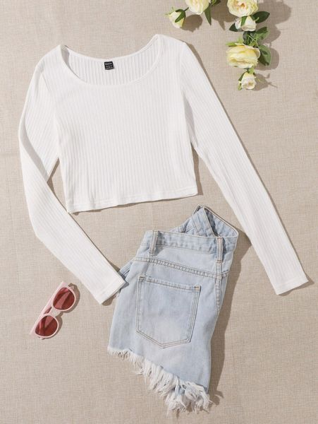 

solid ribbed knit tee q771#, White