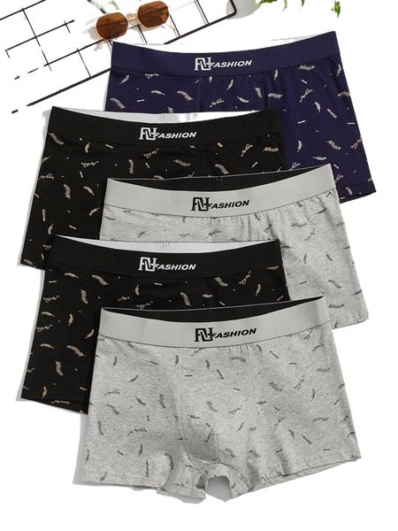 

men 5pcs letter & leaf print boxer brief 95ah#, Black;brown