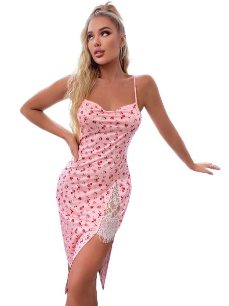 

nina bonheur ditsy floral print eyelash lace panel crisscross back split thigh night dress x737#, Black;red