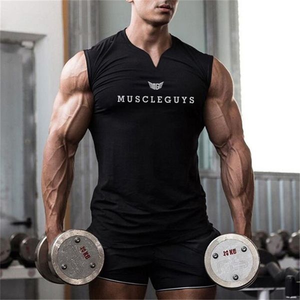 MuscleGuys Brand Gym Clothing V Neck Compression Sleesess Shirt Fitness Mens Top Top Algodão Tanque de Tanque de Tanques de Tanque de Tanques 220621