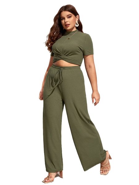 

plus cross wrap hem crop & pants set p0mi#, Black