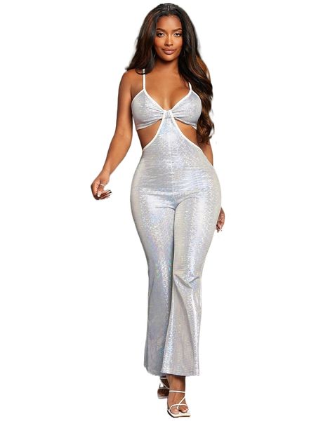 

sxy holographic cut out flare leg jumpsuit h3c4#, Black;white