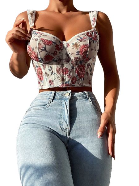 

floral print mesh underwire bra y3ut#, Black;red
