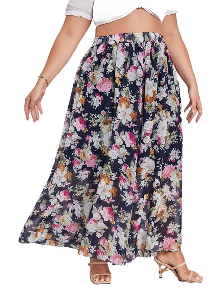 

plus allover floral print flared skirt 03i5#, Black