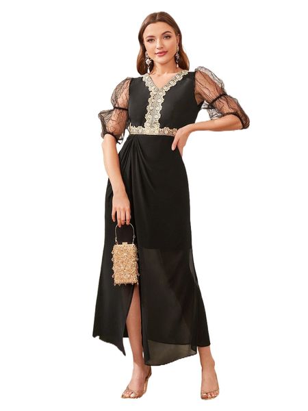 

contrast mesh gathered sleeve appliques dress b1hp#, Black;gray