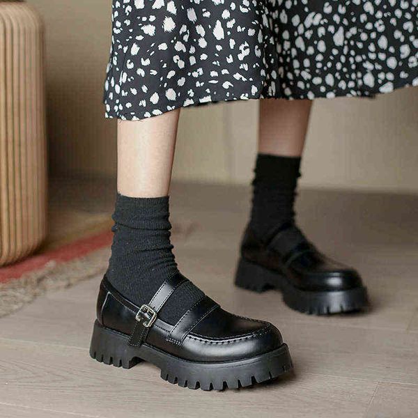

dress shoes women sandals 2022 round toe small leather shoes female mary jane black platform loafers college style fashion high heels 220326