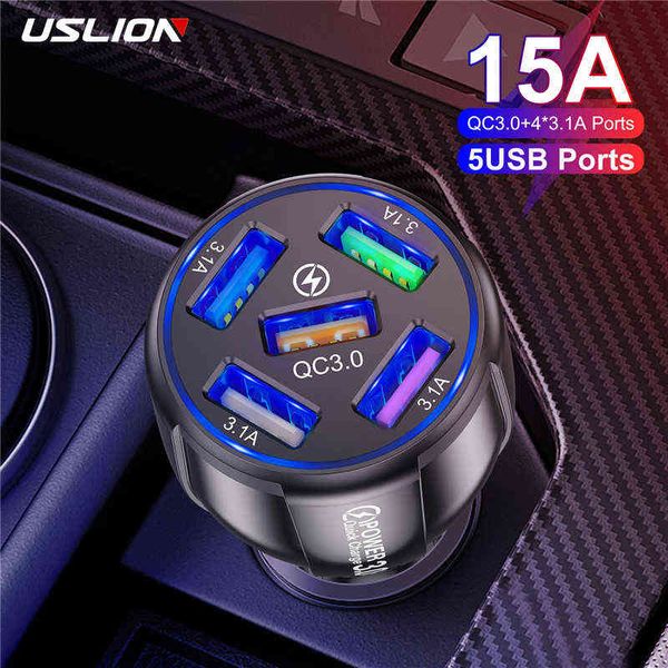 

uslion 5 port fast charging car usb charger for xiaomi redmi note 10 pro quick charge 3.0 15a charger mobile phone charge in car w220328