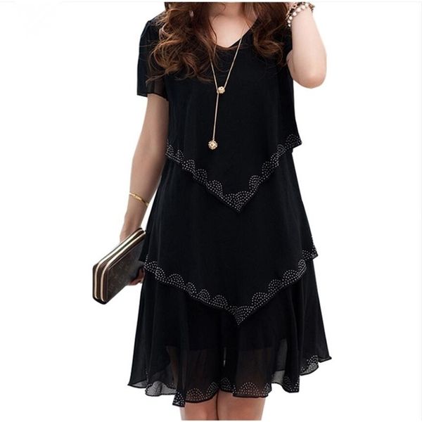 

summer woman loose short sleeve ruffles chiffon dress plus size clothing vestidos s 5xl vintage 220521, Black;gray