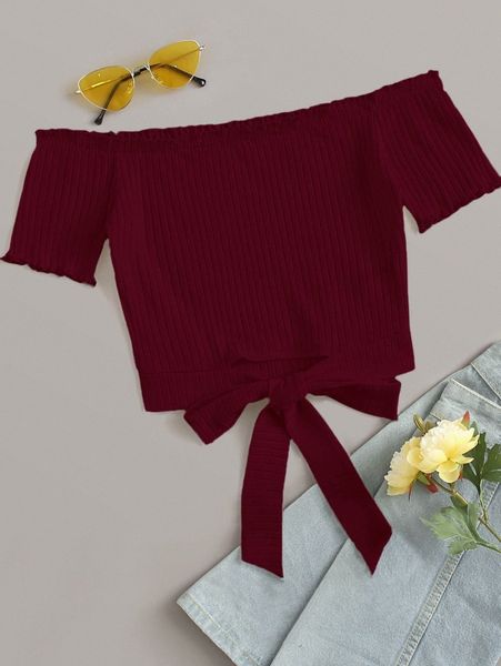 

off shoulder frill trim knot hem rib-knit q6fj#, White