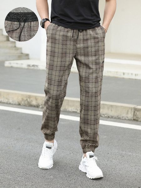 

men plaid drawstring carrot pants k08z#, Black