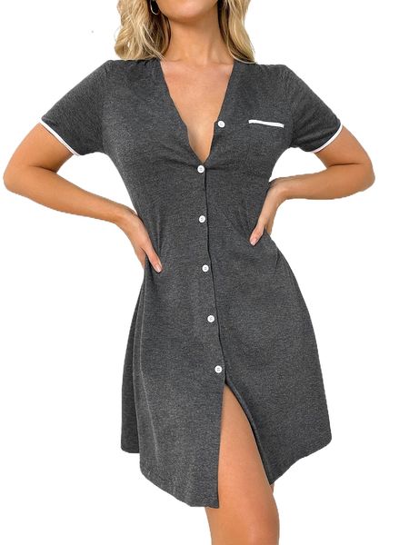 

contrast binding pocket front night dress i9ge#, Black;red