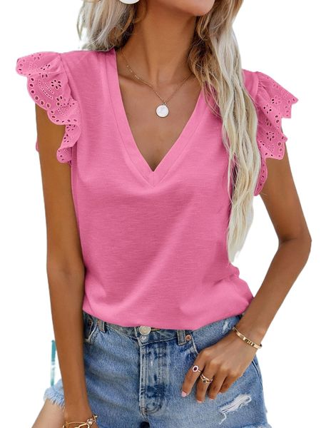 

eyelet embroidery butterfly sleeve v-neck tee f4g7#, White