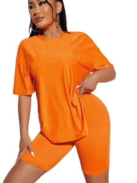 

sxy letter pattern drop shoulder tee & biker shorts j14a#, White