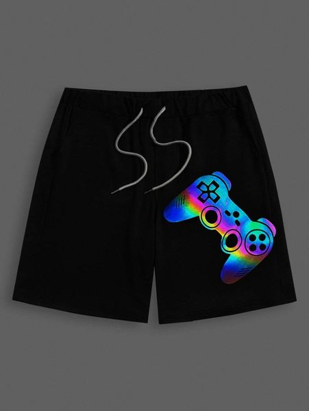 

men reflective gamepad print drawstring waist shorts a2hg#, White;black