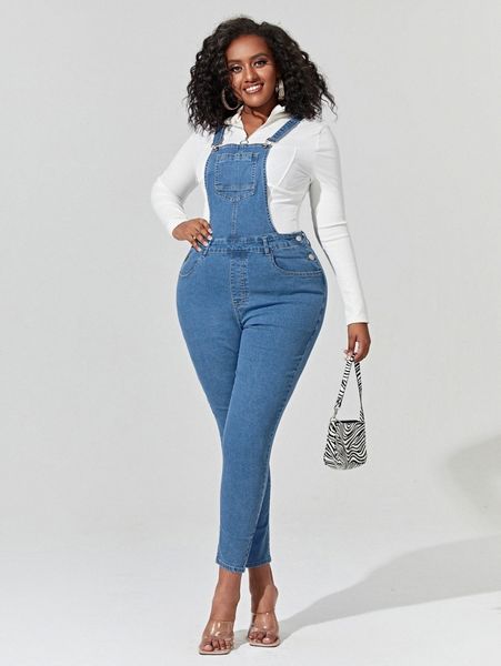 

plus patch pocket skinny denim overalls 71gq#, Black;white