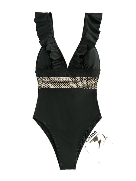 

stitch detail ruffle trim one piece swimsuit j9u6#, White;black