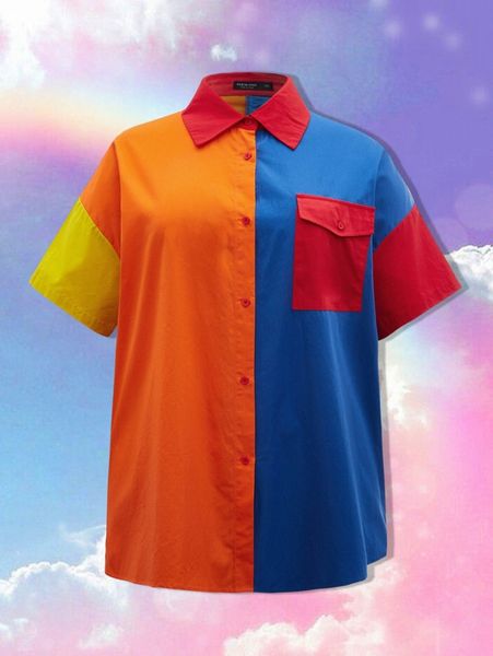 

plus color block flap pocket drop shoulder blouse x3i5#, Black