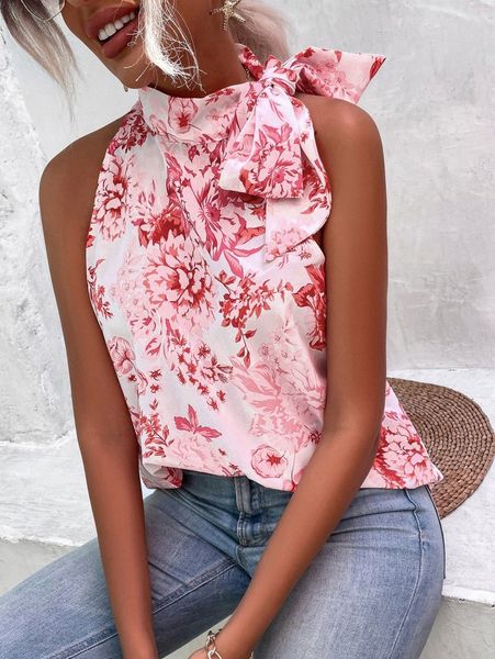 

floral print knot side halterneck blouse y9aa#, White