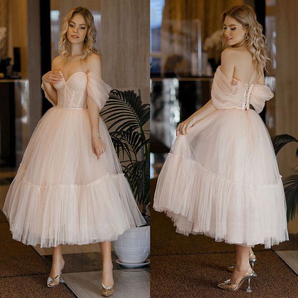 Corar rosa vestido de noiva de chá fora do ombro ilusão de tule curto boho festas de festas de casamento para mulheres vestido
