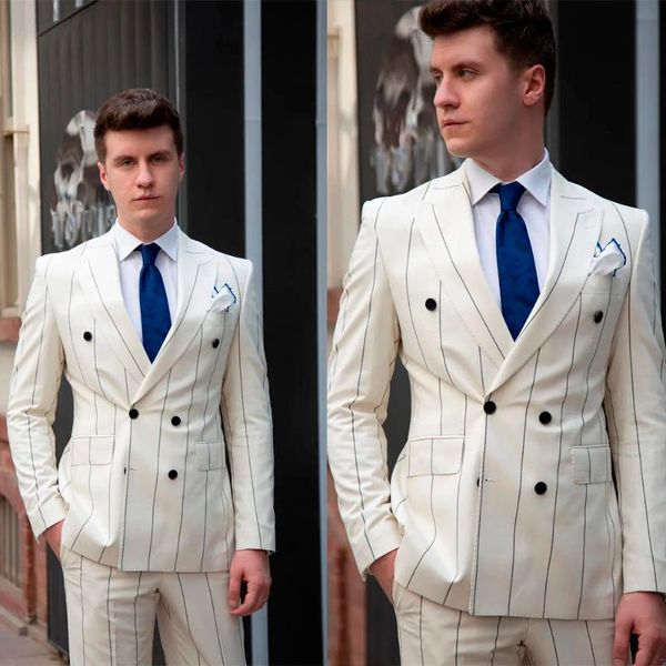 Herrenanzüge Blazer Männer passen 2 Stücke weiße Nadelstreifen Slim Fit Blazer Hosen Mode Arbeit tragen Bräutigam Geschäft Kausaler Abschlussball Party maßgeschneidert