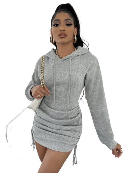 

ruched drawstring side drop shoulder hoodie dress t6cu#, Black