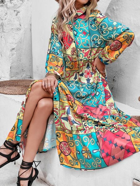 

patchwork print button through shirt dress 35el#, Black;gray