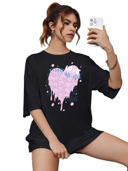 

slogan & heart print drop shoulder tee x2aa#, White