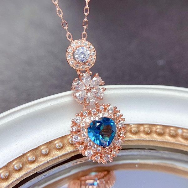 

lockets chic heart blue crystal z diamond gemstones pendant necklaces for women 14k rose gold color choker fine jewelry drop, Silver