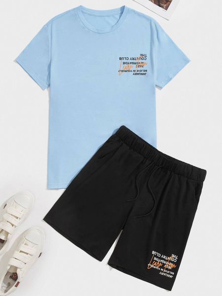 

men slogan graphic tee & drawstring waist shorts c7nt#, Gray